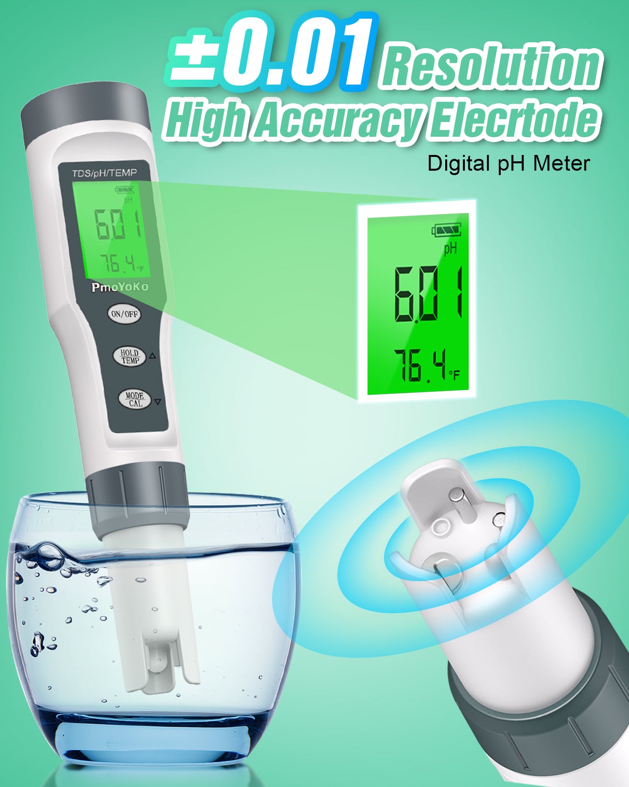 Digital pH/TDS Meter with ATC pH Tester, 3 in 1 pH TDS Temp 0.01 Resolution High Accuracy pH Tester, pH Meter for Water, Wine, Pool, Aquariums