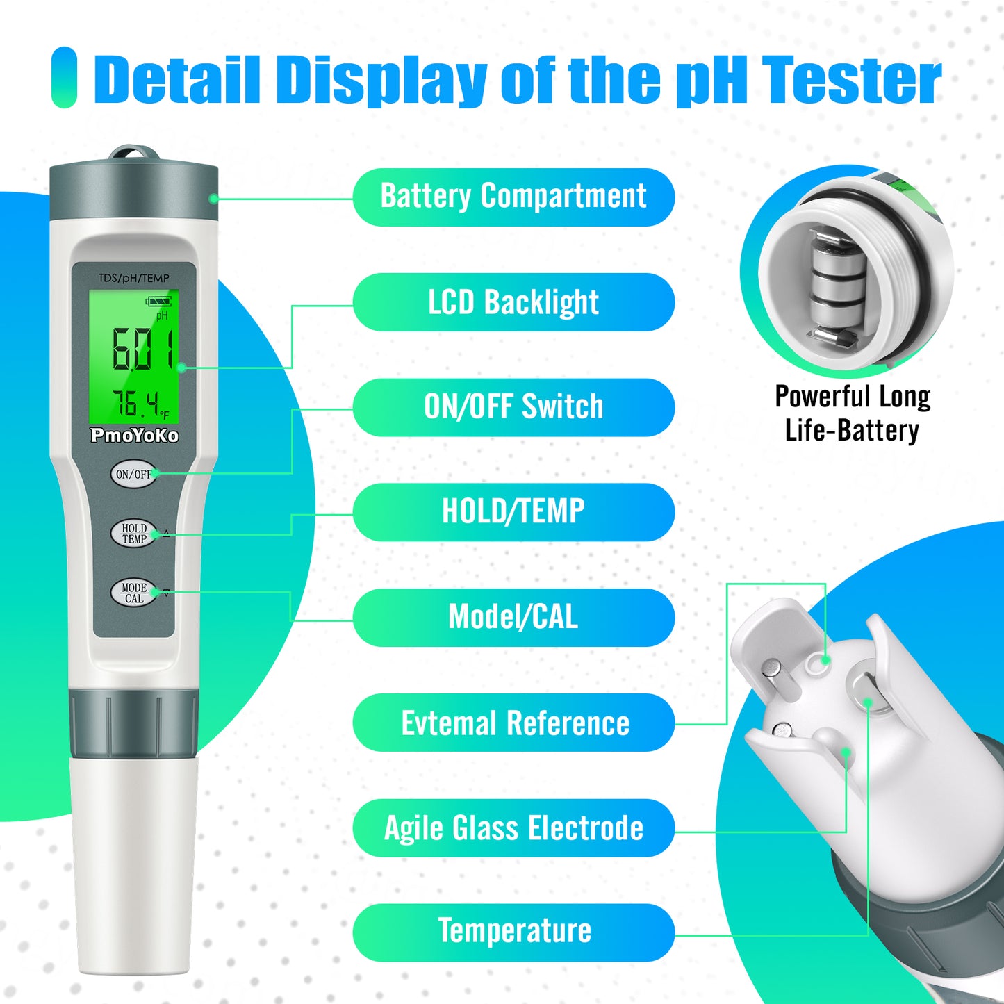 PmoYoKo Digital pH/TDS Meter with ATC pH Tester, 3 in 1 0.01 Resolution High Accuracy pH Pen Tester for Water with LCD Backlit, Tds Meter pH Meter for Drinking Water, Wine, Pool and Aquariums