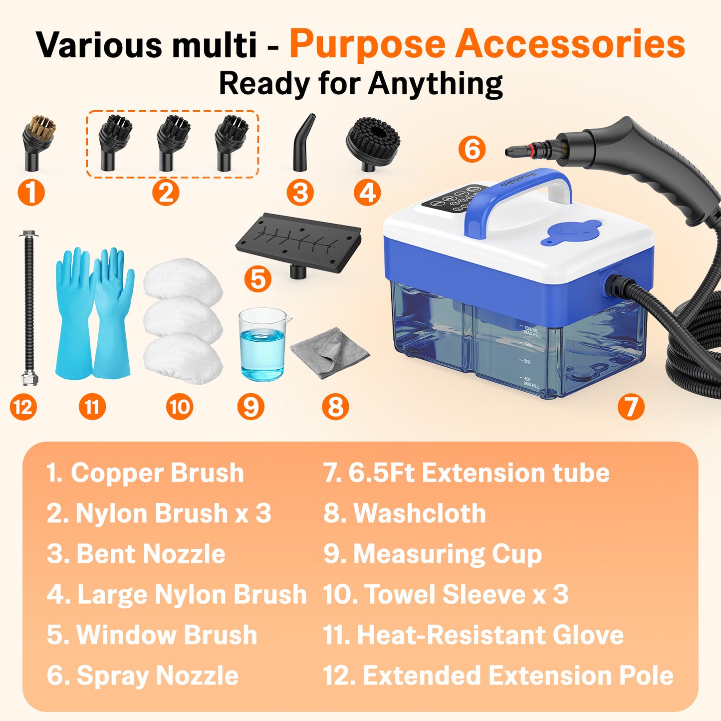 2500W Handheld Steam Cleaner with 16pcs Accessories & 1.6L Tank, Fast Heating & High Temperature Portable Steam Cleaner for Car, Kitchen, Home, Steamer for Cleaning Windows, Grout, Upholstery and More